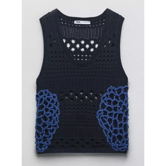 Zara Mixed Crochet Navy Blue Knit Sleeveless Top size S NWOT - Picture 1 of 7